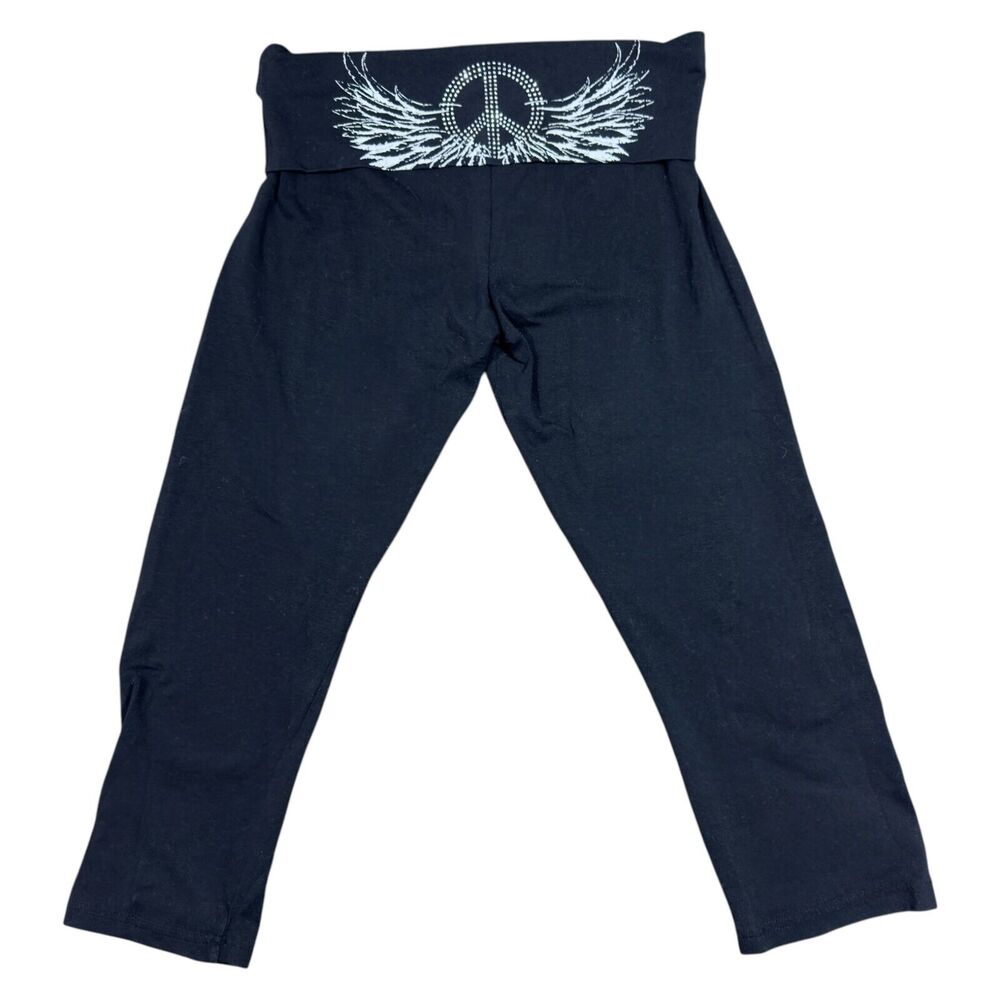 Paris Angel Sweatpants Women's Large Black Capri Rhinestone Pull On Yoga Stretch